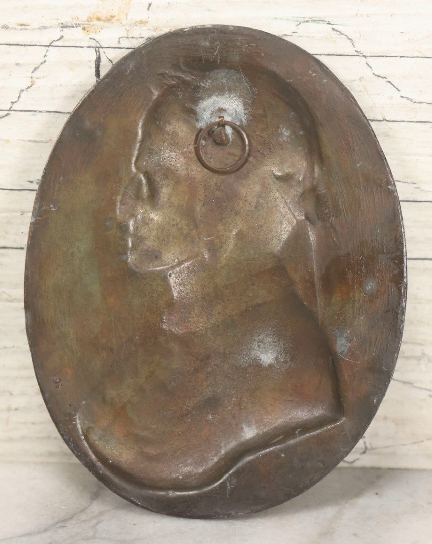 Lot 015 - Antique Pressed Bronze Oval Portrait Plaque Of Dante Alighieri In Profile With Hanging Loop On Verso, 3-1/2" x 4-1/2"