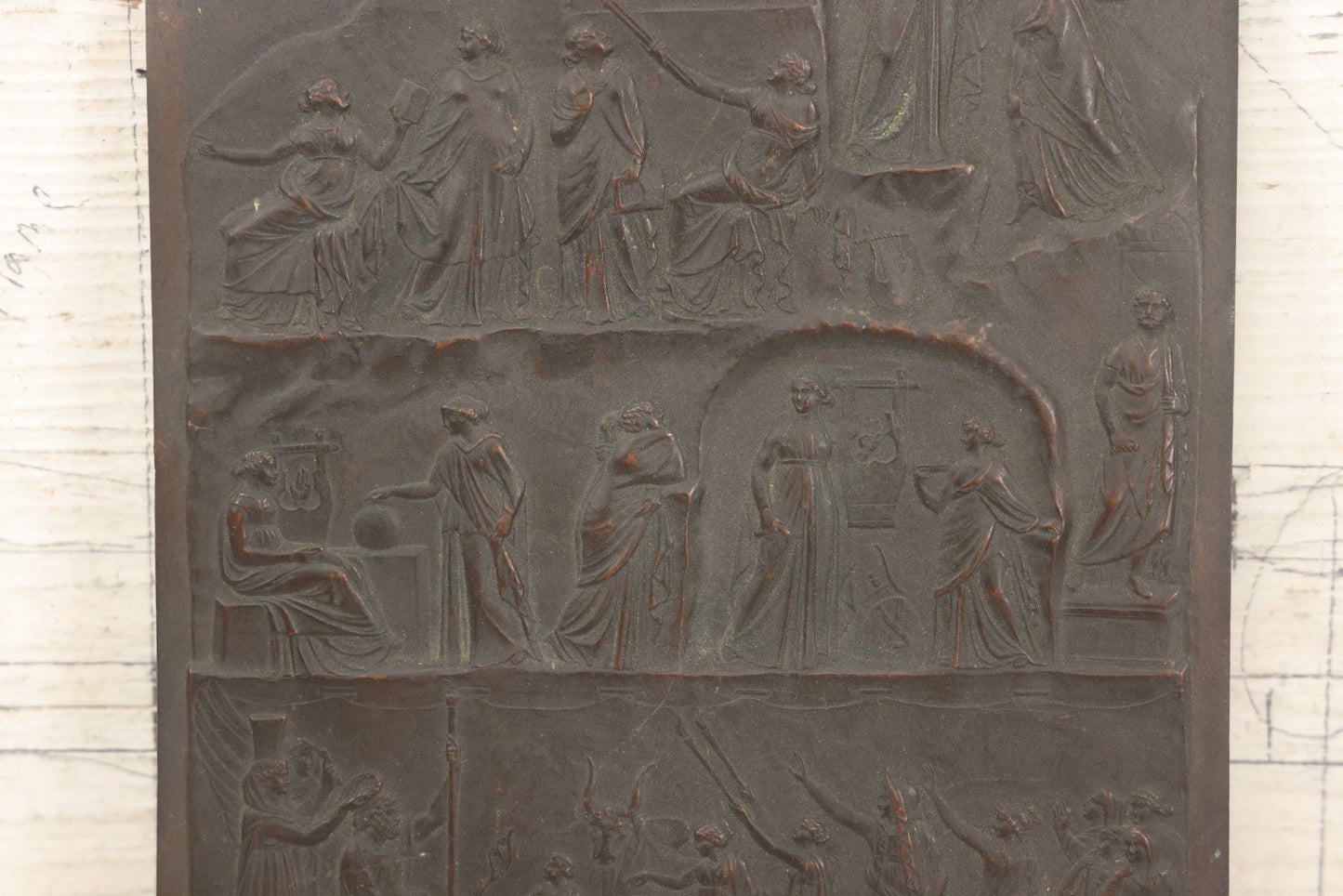 Lot 016 - Antique Pressed Copper Relief "Apotheosis Of Homer" After Archelaus Of Priene, Dated April 1856, Modeled After The 3rd Century B.C. Marble Original In The British Museum, 6-1/2" x 8-7/8"