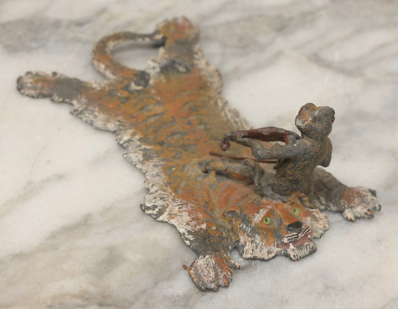 Lot 017 - Antique Cold-Painted Metal Paperweight Figurine Of Violin-Playing Monkey On Taxidermy Tiger Rug, Likely Austrian Or German