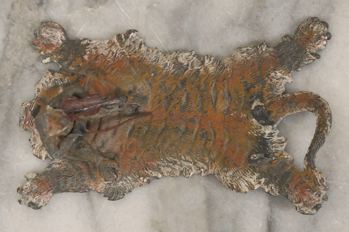 Lot 017 - Antique Cold-Painted Metal Paperweight Figurine Of Violin-Playing Monkey On Taxidermy Tiger Rug, Likely Austrian Or German