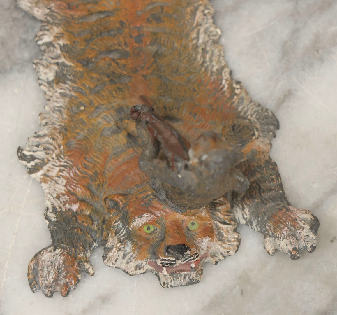 Lot 017 - Antique Cold-Painted Metal Paperweight Figurine Of Violin-Playing Monkey On Taxidermy Tiger Rug, Likely Austrian Or German