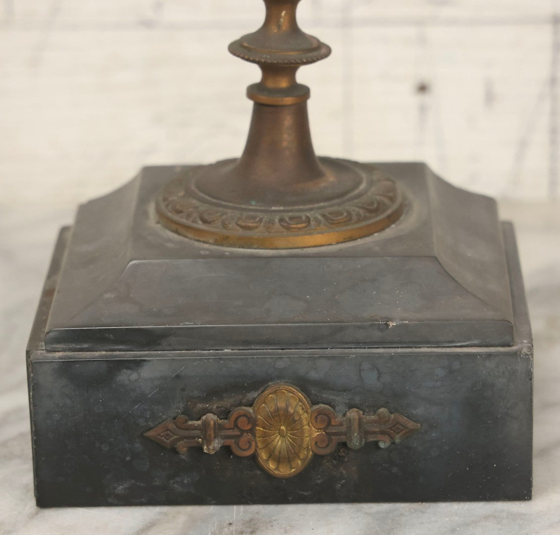 Lot 018 - Pair Of Antique Brass Three-Arm Candelabras With Floral Rosettes, Chains, And Ornate Ornamentation On Black Slate Bases, Circa 1850, 13-1/2" H Each