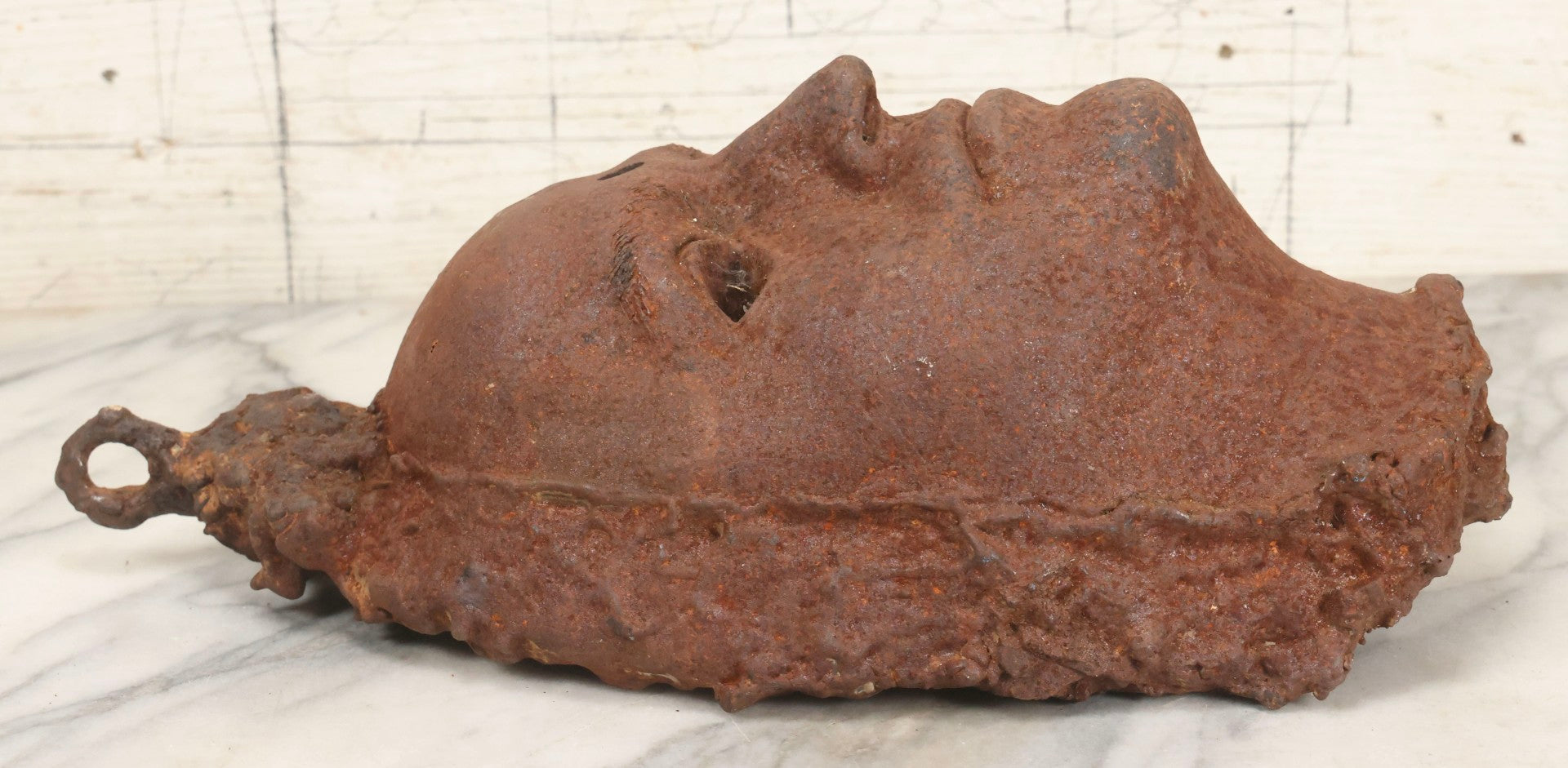 Lot 019 - Antique Cast Iron Face Mask Or Architectural Element With Hook, 15" H