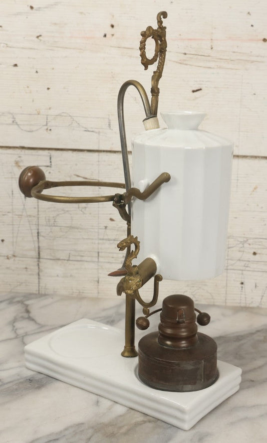 Lot 020 - Antique French Porcelain And Brass Balancing Siphon Coffee Maker With Decorative Brass Hardware, White Porcelain Base And Vessel, Original Siphon, Marked “Breveté De 15 Ans” And “13,” Missing Glass Carafe And Cork