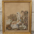 Lot 021 - Antique Framed Needlepoint Tapestry Depicting A Seated Woman With Lambs, Circa Mid 19th Century, In Gilt Wood Frame, Far Gallery, New York, 11-3/4" x 13-1/2"