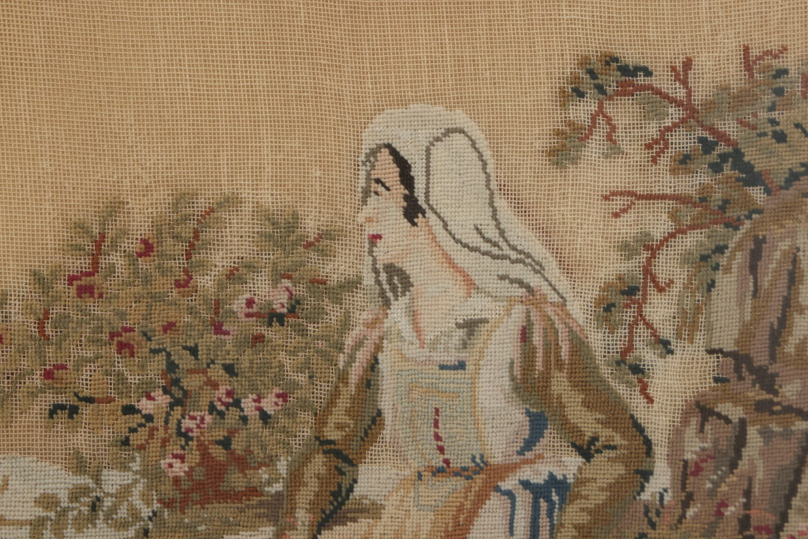 Lot 021 - Antique Framed Needlepoint Tapestry Depicting A Seated Woman With Lambs, Circa Mid 19th Century, In Gilt Wood Frame, Far Gallery, New York, 11-3/4" x 13-1/2"