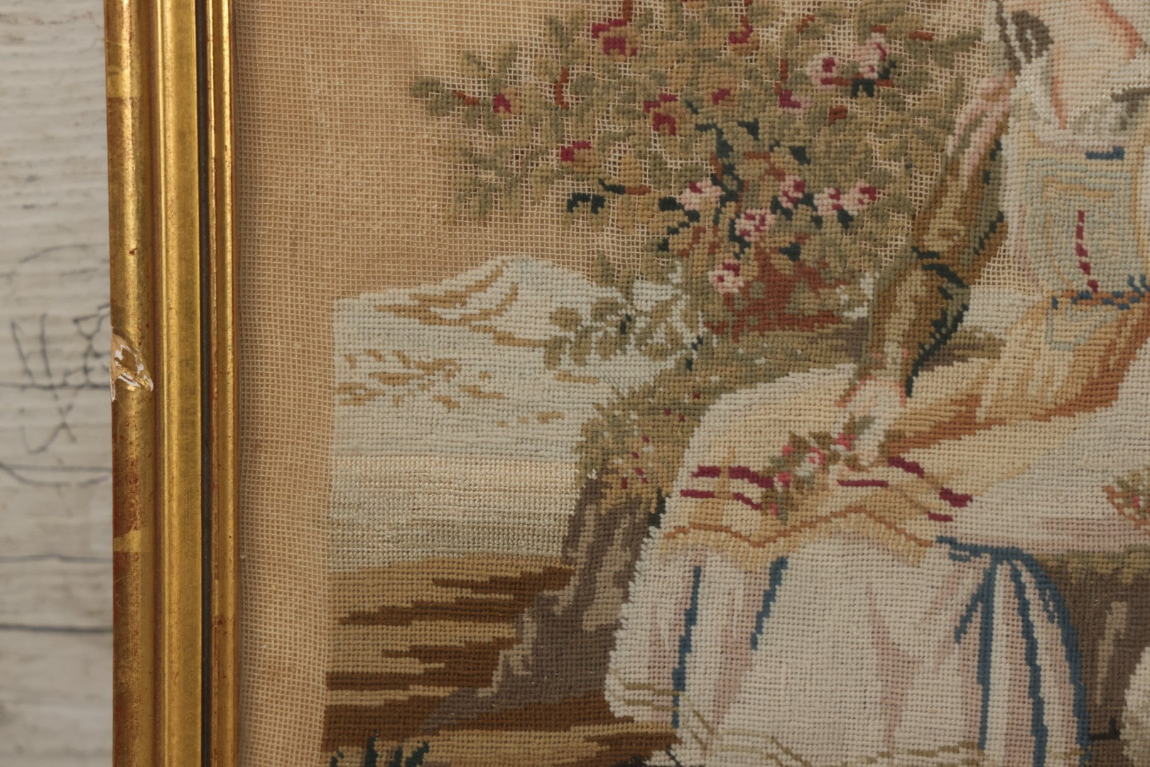 Lot 021 - Antique Framed Needlepoint Tapestry Depicting A Seated Woman With Lambs, Circa Mid 19th Century, In Gilt Wood Frame, Far Gallery, New York, 11-3/4" x 13-1/2"