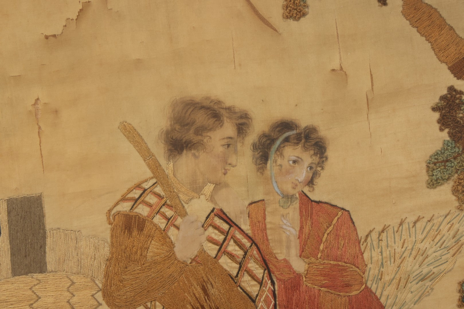 Lot 022 - Antique Framed Needlework Embroidery Depicting A Pastoral Scene With A Scottish Couple Beneath A Tree, Circa Early 19th Century, In Gilt Wood Frame, Arteffects Gallery, Northampton, Massachusetts, 17" x 19-3/4"