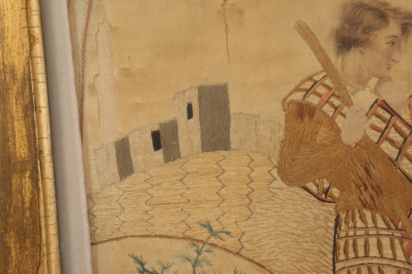 Lot 022 - Antique Framed Needlework Embroidery Depicting A Pastoral Scene With A Scottish Couple Beneath A Tree, Circa Early 19th Century, In Gilt Wood Frame, Arteffects Gallery, Northampton, Massachusetts, 17" x 19-3/4"