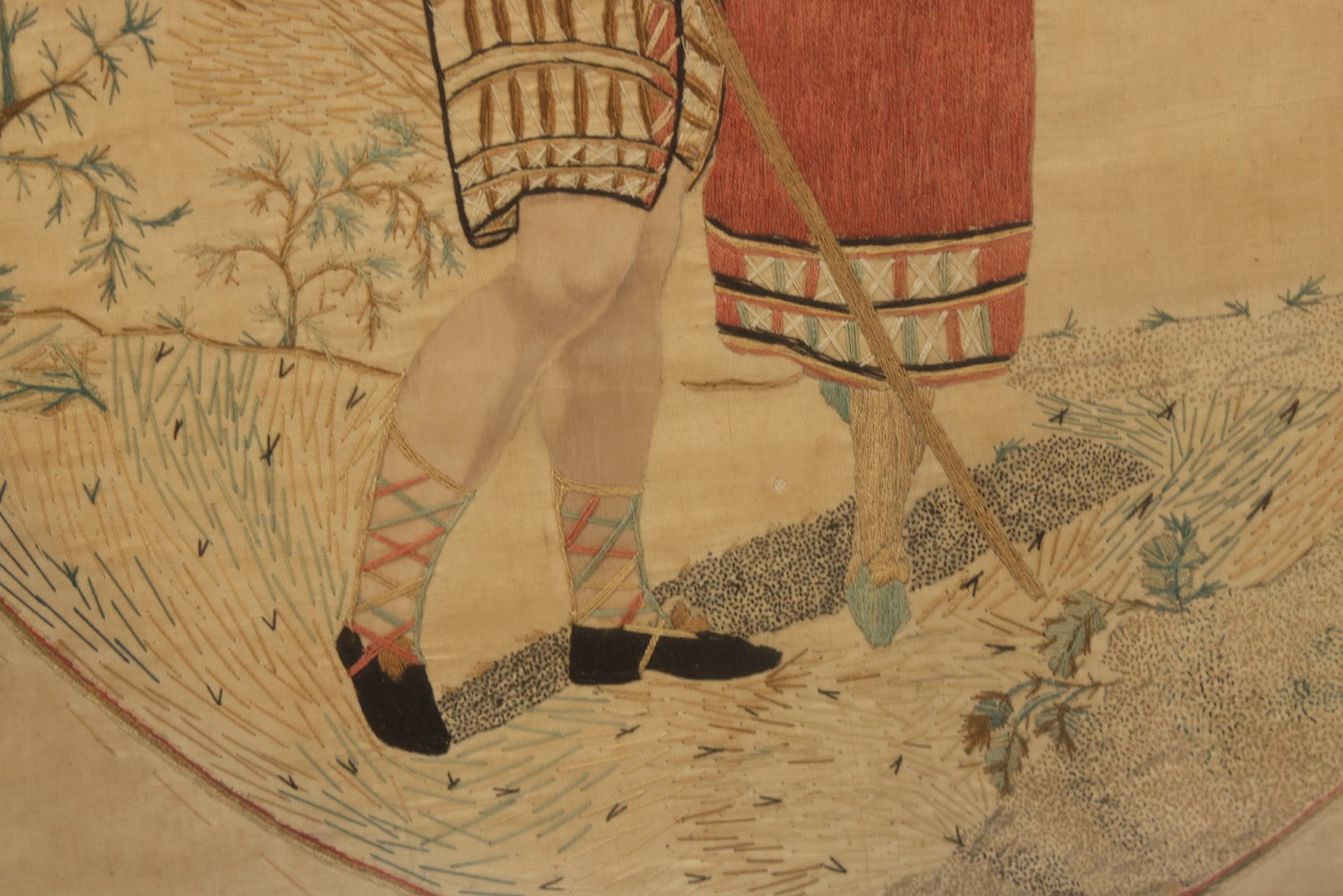 Lot 022 - Antique Framed Needlework Embroidery Depicting A Pastoral Scene With A Scottish Couple Beneath A Tree, Circa Early 19th Century, In Gilt Wood Frame, Arteffects Gallery, Northampton, Massachusetts, 17" x 19-3/4"