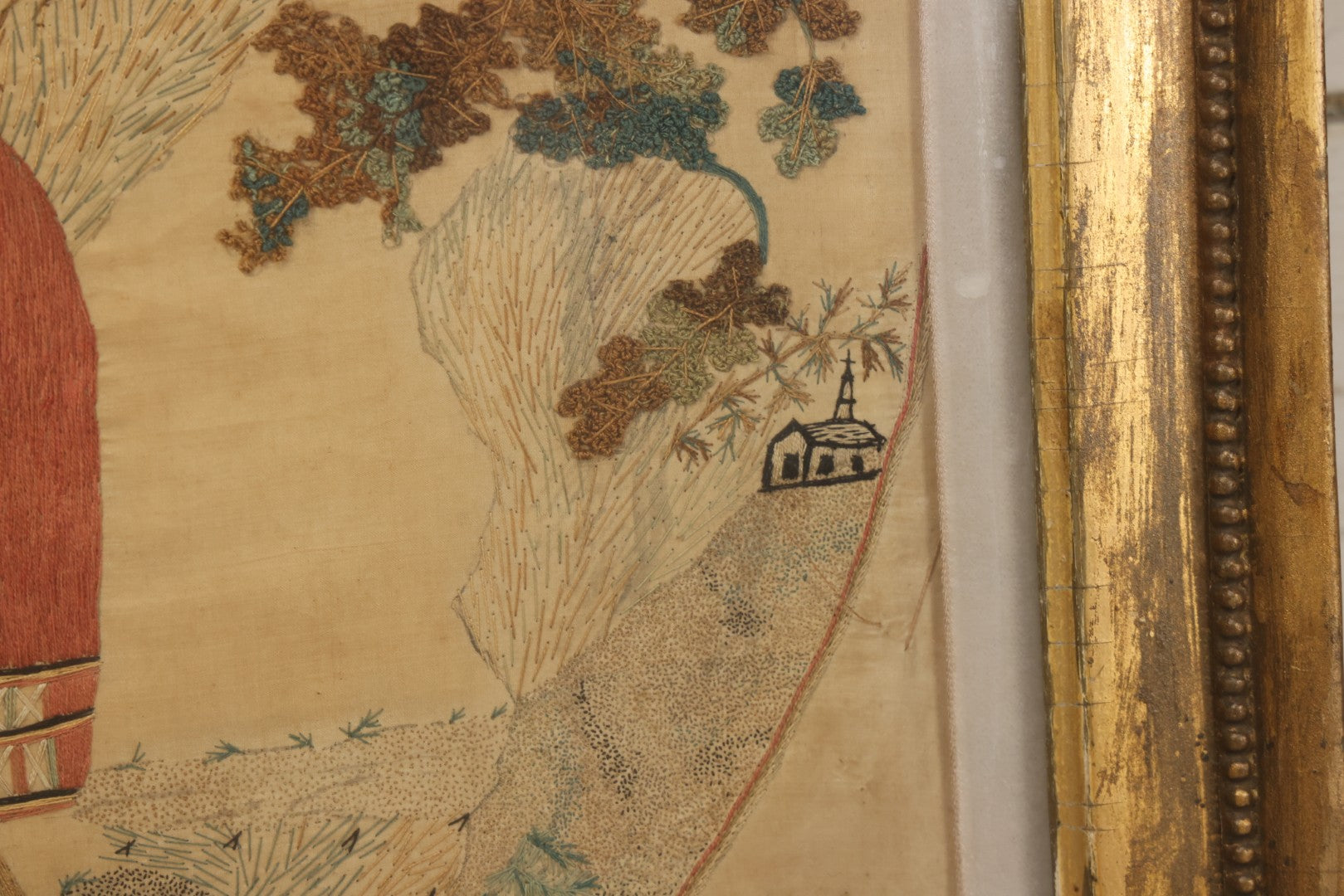 Lot 022 - Antique Framed Needlework Embroidery Depicting A Pastoral Scene With A Scottish Couple Beneath A Tree, Circa Early 19th Century, In Gilt Wood Frame, Arteffects Gallery, Northampton, Massachusetts, 17" x 19-3/4"