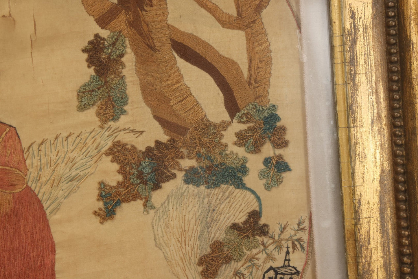 Lot 022 - Antique Framed Needlework Embroidery Depicting A Pastoral Scene With A Scottish Couple Beneath A Tree, Circa Early 19th Century, In Gilt Wood Frame, Arteffects Gallery, Northampton, Massachusetts, 17" x 19-3/4"