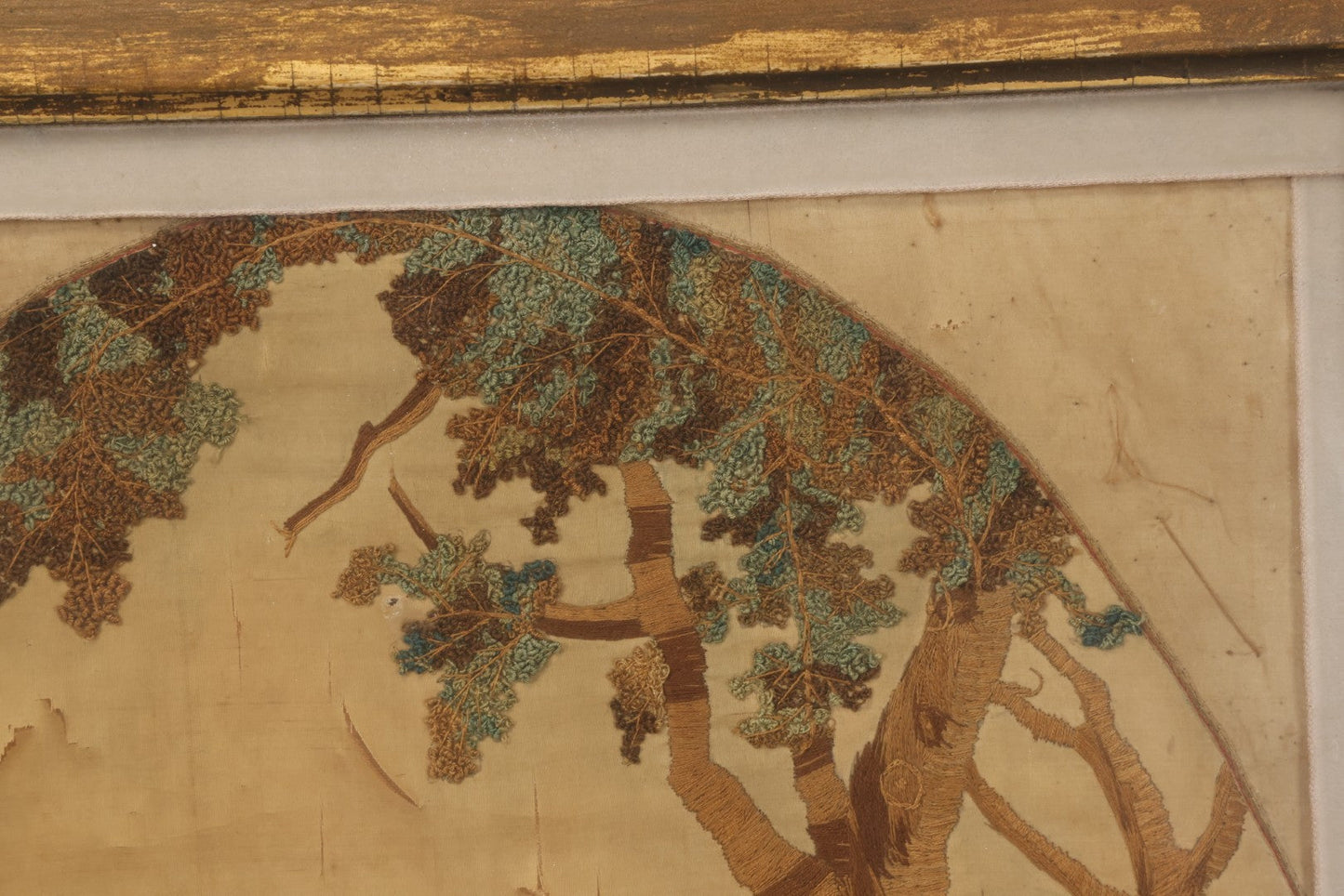 Lot 022 - Antique Framed Needlework Embroidery Depicting A Pastoral Scene With A Scottish Couple Beneath A Tree, Circa Early 19th Century, In Gilt Wood Frame, Arteffects Gallery, Northampton, Massachusetts, 17" x 19-3/4"