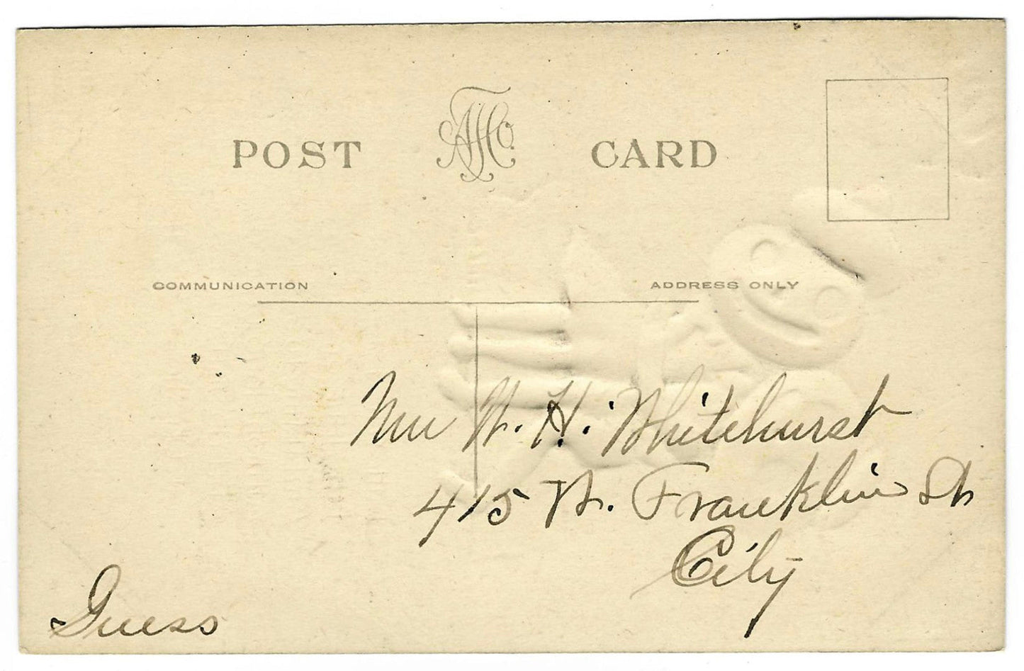 Lot 023 - Antique Embossed Glitter Hallowe'en Postcard Depicting Jack-O-Lantern Couple Seated On Log Beneath Moon, “Little Willie Pumpkin Head,” Taylor Art Co., Copyright 1908, Written On Verso