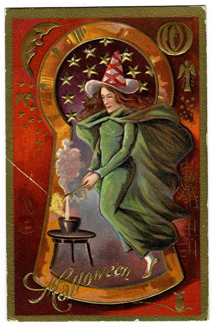 Lot 024 - Antique Embossed Gold-Accented Hallowe'en Postcard Depicting Witch Stirring Cauldron Beneath Stars, Hallowe'en Series No. 3, Postmarked Buffalo, New York, 1911, Written On Verso
