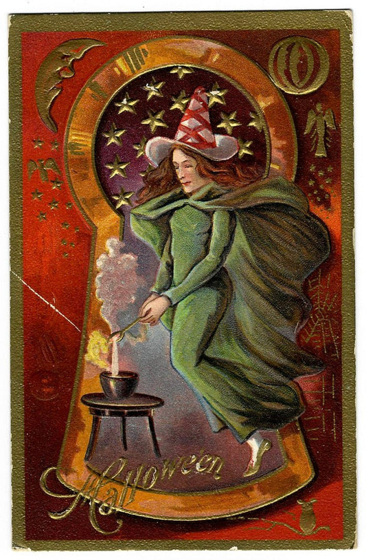 Lot 024 - Antique Embossed Gold-Accented Hallowe'en Postcard Depicting Witch Stirring Cauldron Beneath Stars, Hallowe'en Series No. 3, Postmarked Buffalo, New York, 1911, Written On Verso