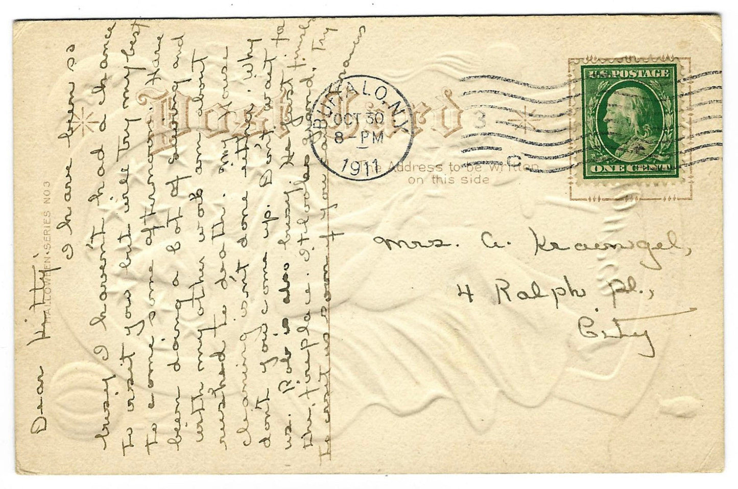 Lot 024 - Antique Embossed Gold-Accented Hallowe'en Postcard Depicting Witch Stirring Cauldron Beneath Stars, Hallowe'en Series No. 3, Postmarked Buffalo, New York, 1911, Written On Verso