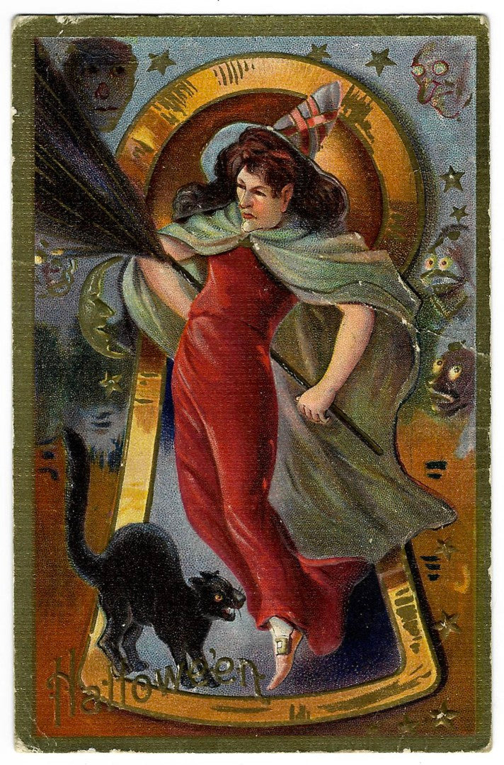 Lot 025 - Antique Embossed Gold-Accented Hallowe'en Postcard Depicting Witch In Red Dress Flying With Broom And Black Cat, Hallowe'en Series No. 3, Not Postmarked, Inscribed “From Bertha To Esther” On Verso