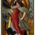 Lot 025 - Antique Embossed Gold-Accented Halloween Postcard Depicting Witch In Red Dress Flying With Broom And Black Cat, Halloween Series No. 3, Not Postmarked, Inscribed “From Bertha To Esther” On Verso