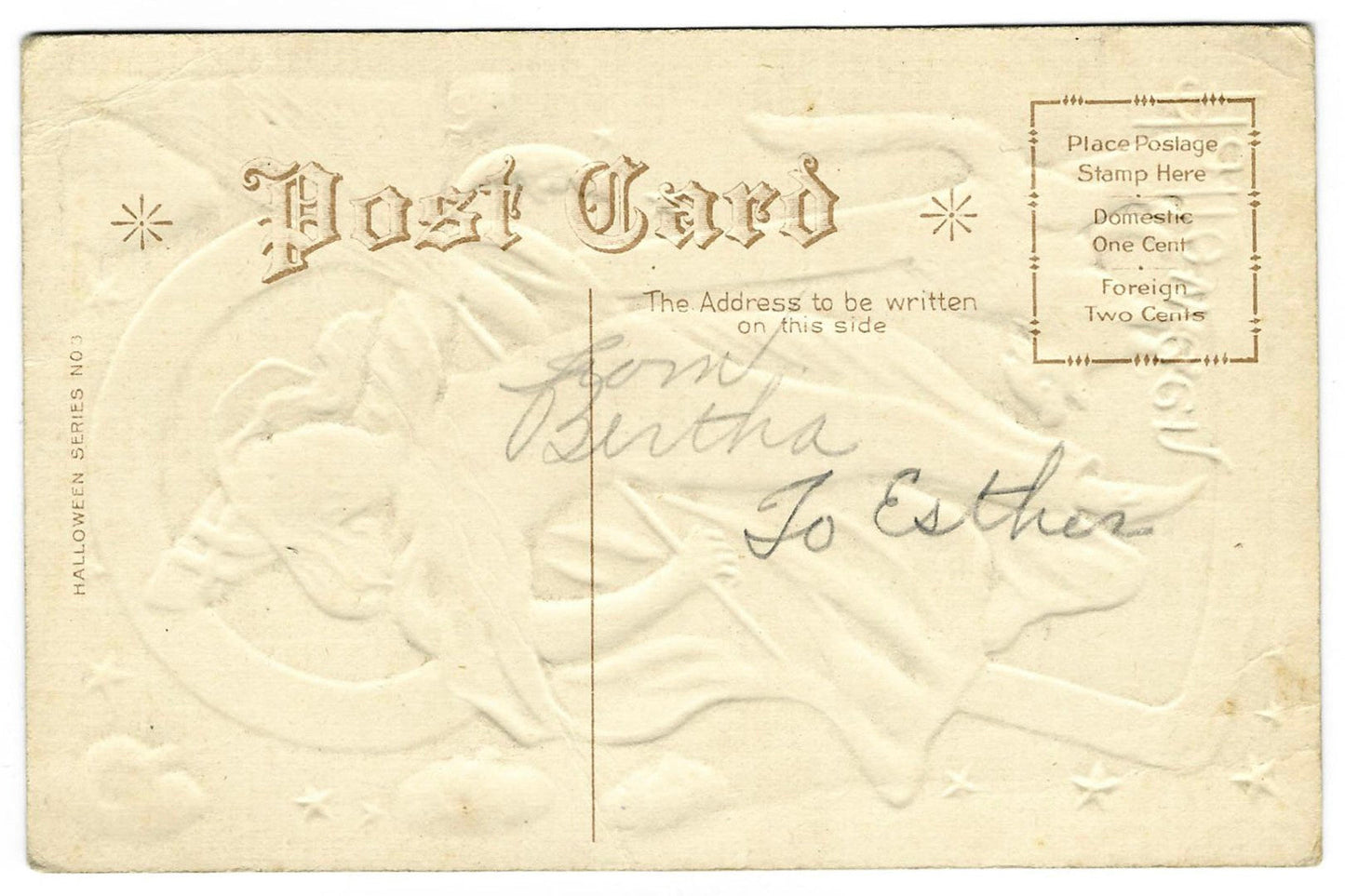 Lot 025 - Antique Embossed Gold-Accented Hallowe'en Postcard Depicting Witch In Red Dress Flying With Broom And Black Cat, Hallowe'en Series No. 3, Not Postmarked, Inscribed “From Bertha To Esther” On Verso