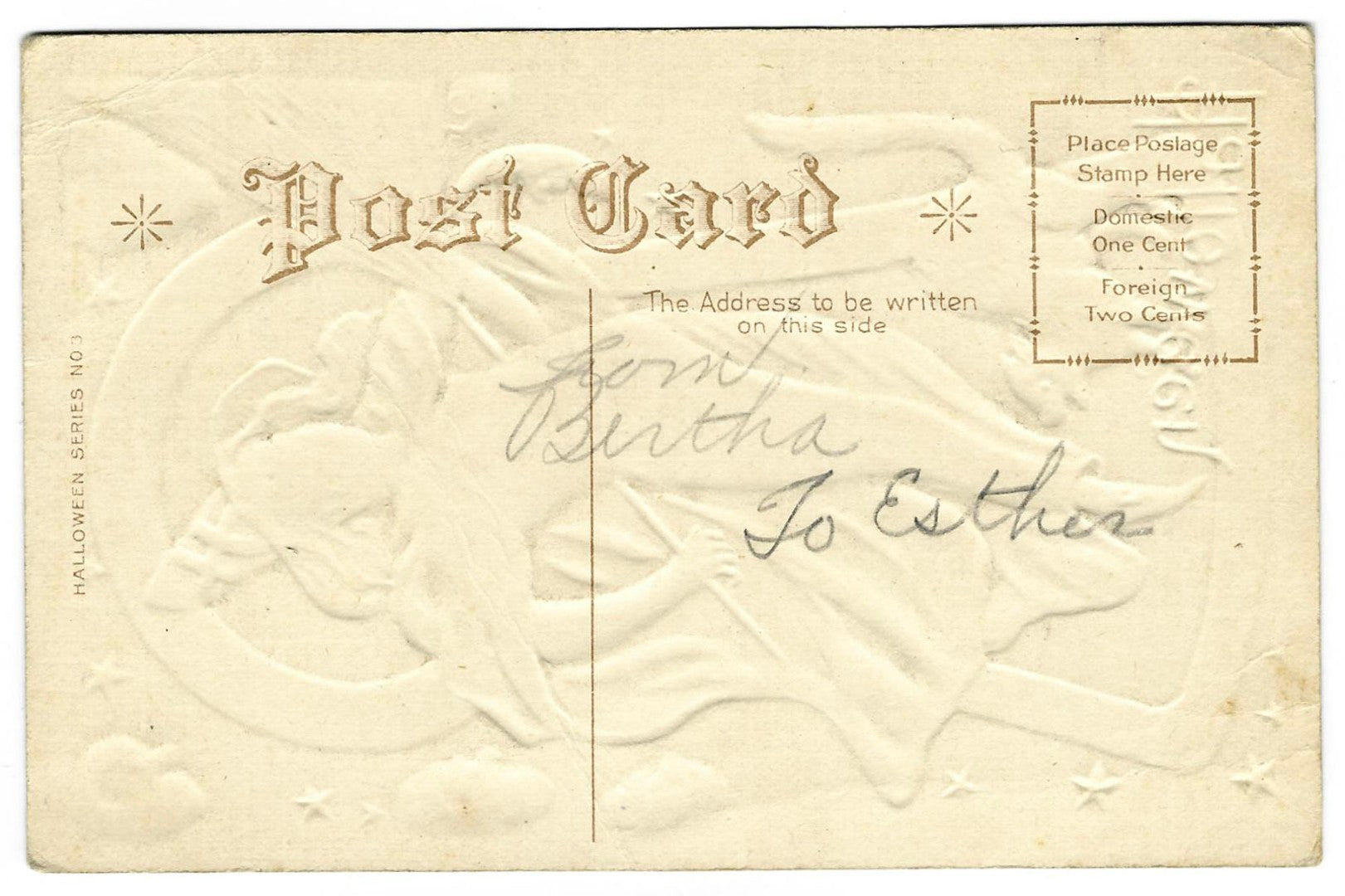 Lot 025 - Antique Embossed Gold-Accented Hallowe'en Postcard Depicting Witch In Red Dress Flying With Broom And Black Cat, Hallowe'en Series No. 3, Not Postmarked, Inscribed “From Bertha To Esther” On Verso