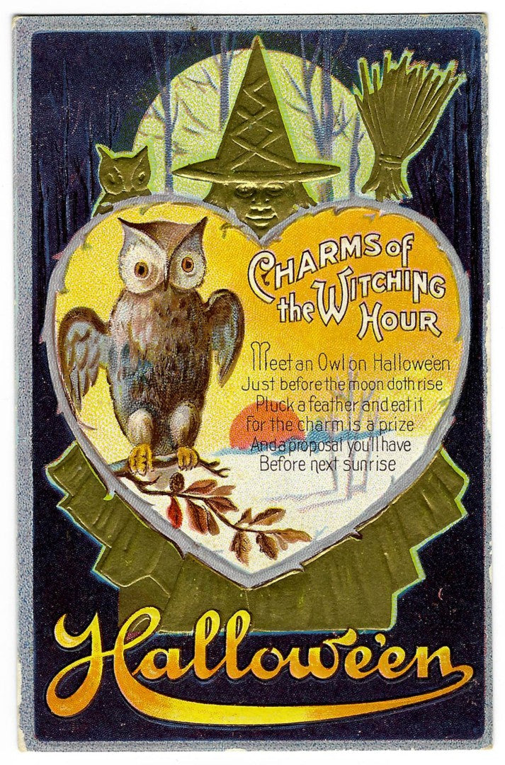 Lot 026 - Antique Embossed Gold-Accented Hallowe'en Postcard "Charms Of The Witching Hour" With Owl, Witch, Moon, And Heart, Copyright M. L. Jackson, Postmarked Detroit, Michigan, 1911, Written On Verso
