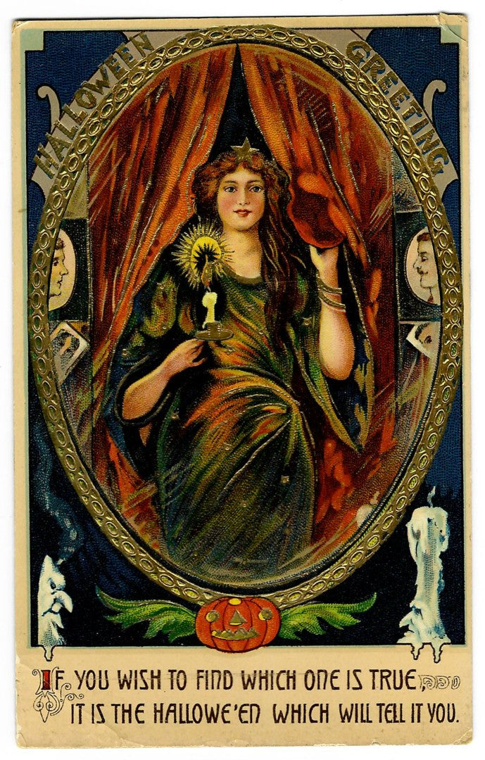 Lot 027 - Antique Embossed Gold-Accented Hallowe'en Postcard “Hallowe'en Greeting” Depicting Woman Holding Candle Before Mirror, I.S. B.37, Made In Germany, Postmarked Waterloo, New York