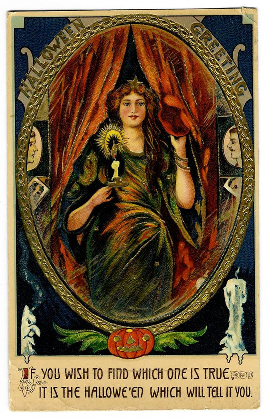 Lot 027 - Antique Embossed Gold-Accented Hallowe'en Postcard “Hallowe'en Greeting” Depicting Woman Holding Candle Before Mirror, I.S. B.37, Made In Germany, Postmarked Waterloo, New York