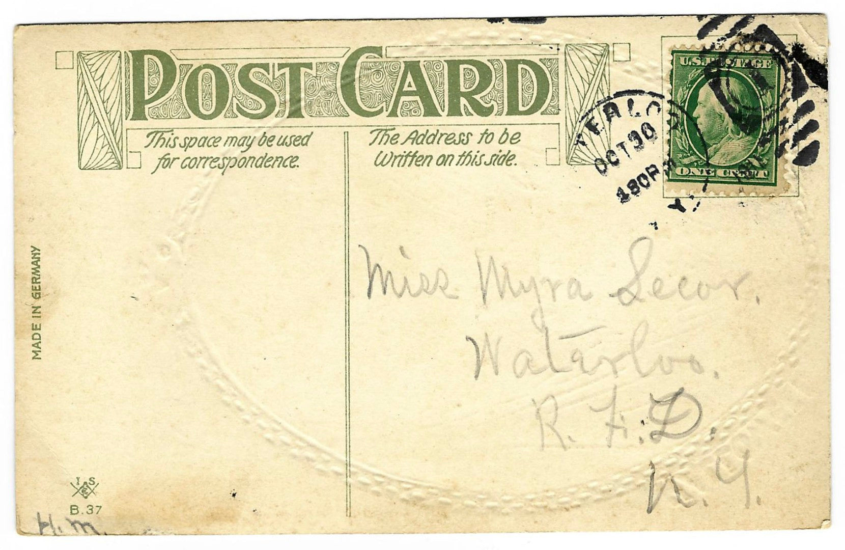 Lot 027 - Antique Embossed Gold-Accented Hallowe'en Postcard “Hallowe'en Greeting” Depicting Woman Holding Candle Before Mirror, I.S. B.37, Made In Germany, Postmarked Waterloo, New York