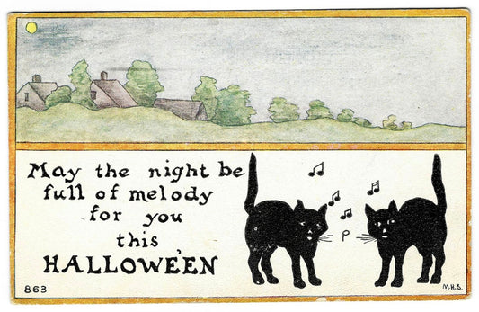 Lot 028 - Antique Hallowe'en Postcard Featuring Two Black Cats And “May The Night Be Full Of Melody For You This Hallowe'en” Verse, F. A. Owen Co., Dansville, New York, Series 863, Postmarked Chicago, Illinois, 1913, Written On Verso