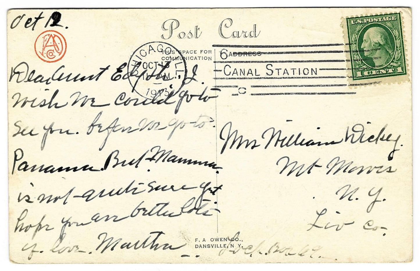 Lot 028 - Antique Hallowe'en Postcard Featuring Two Black Cats And “May The Night Be Full Of Melody For You This Hallowe'en” Verse, F. A. Owen Co., Dansville, New York, Series 863, Postmarked Chicago, Illinois, 1913, Written On Verso