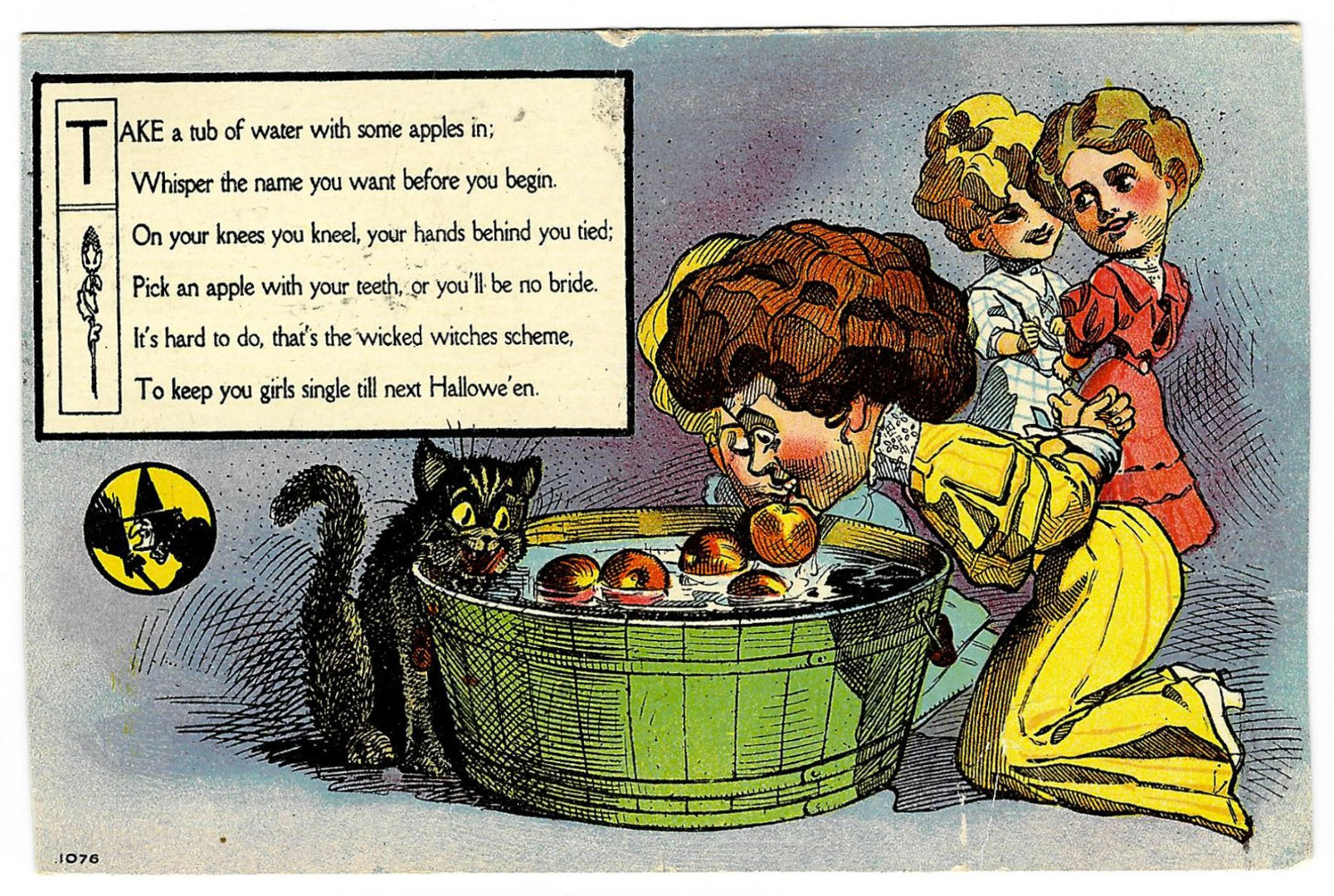 Lot 029 - Antique Illustrated Hallowe'en Postcard Depicting Women Bobbing For Apples With Black Cat And Witch Motif, Hallowe'en Series No. 1, Postmarked Denver, Colorado, 1909, Written On Verso