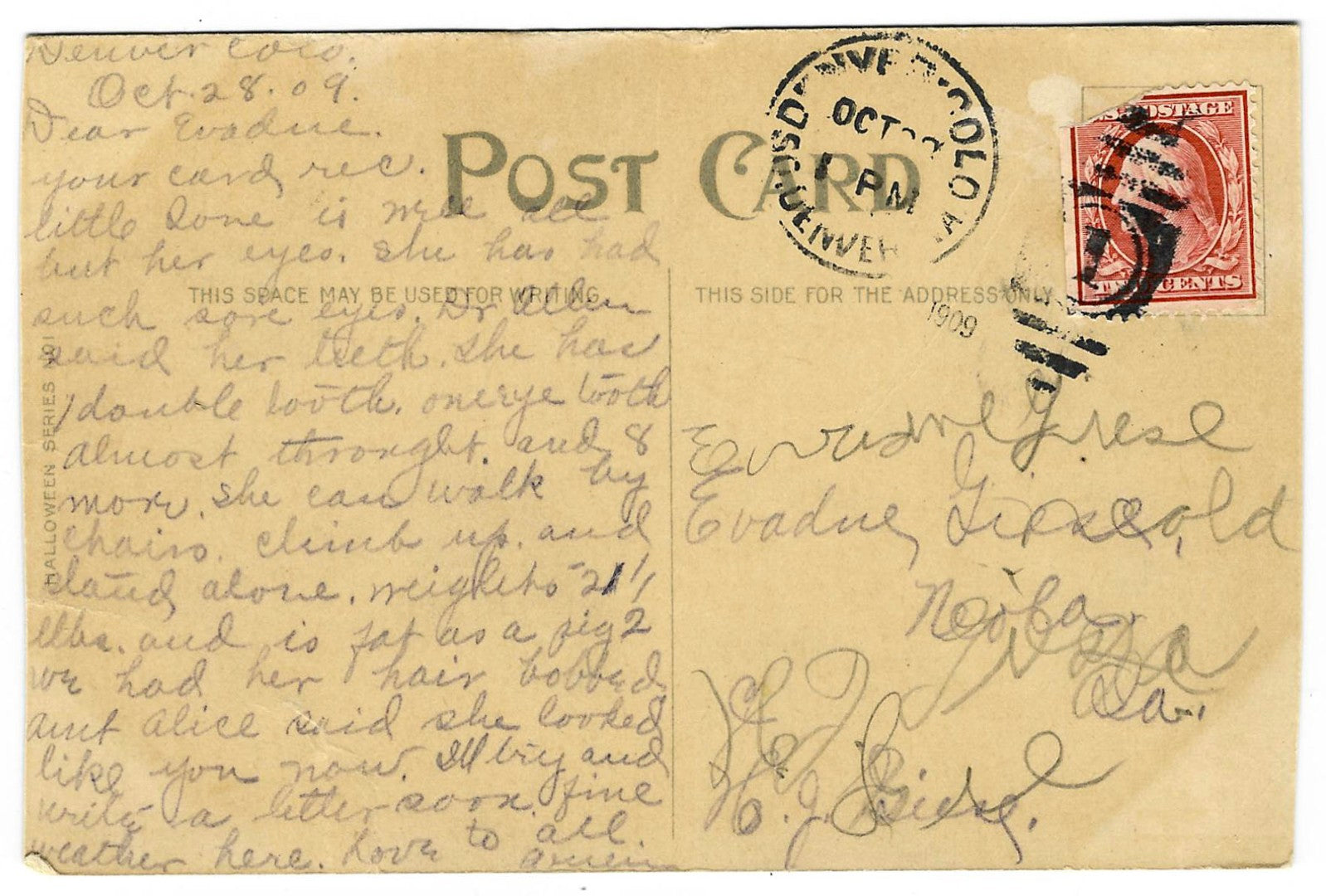 Lot 029 - Antique Illustrated Hallowe'en Postcard Depicting Women Bobbing For Apples With Black Cat And Witch Motif, Hallowe'en Series No. 1, Postmarked Denver, Colorado, 1909, Written On Verso