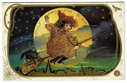 Lot 030 - Antique Embossed Glitter Hallowe'en Postcard “Jolly Hallowe'en – May Fortune Smile On You” Depicting Child Riding Broom With Black Cat, Series 304, Not Postmarked, Unused