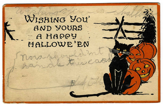 Lot 031 - Antique Hallowe'en Postcard Featuring Black Cat And Jack-O-Lanterns Beside Fence, “Wishing You And Yours A Happy Hallowe'en,” Gibson Art Company, Cincinnati, Ohio, Postmarked Bloomington, Illinois, 1923, Written On Verso