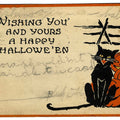 Lot 031 - Antique Halloween Postcard Featuring Black Cat And Jack-O-Lanterns Beside Fence, “Wishing You And Yours A Happy Halloween,” Gibson Art Company, Cincinnati, Ohio, Postmarked Bloomington, Illinois, 1923, Written On Verso