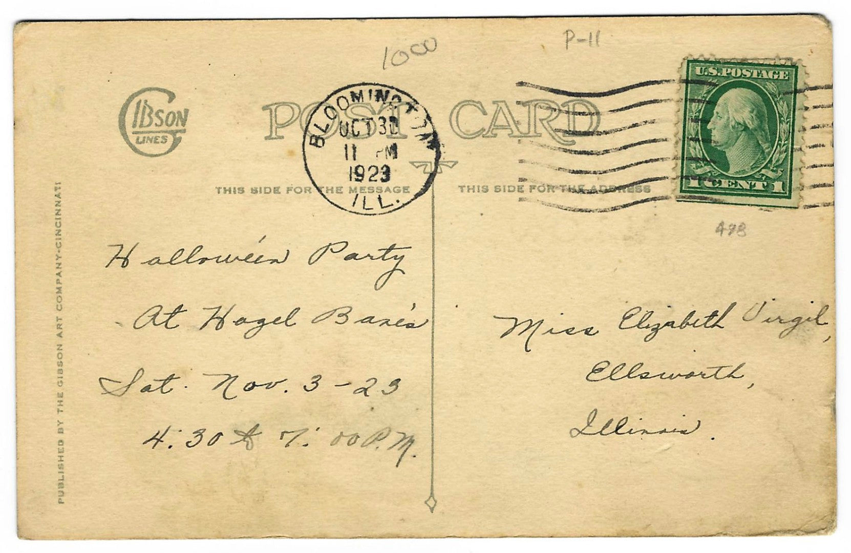 Lot 031 - Antique Hallowe'en Postcard Featuring Black Cat And Jack-O-Lanterns Beside Fence, “Wishing You And Yours A Happy Hallowe'en,” Gibson Art Company, Cincinnati, Ohio, Postmarked Bloomington, Illinois, 1923, Written On Verso