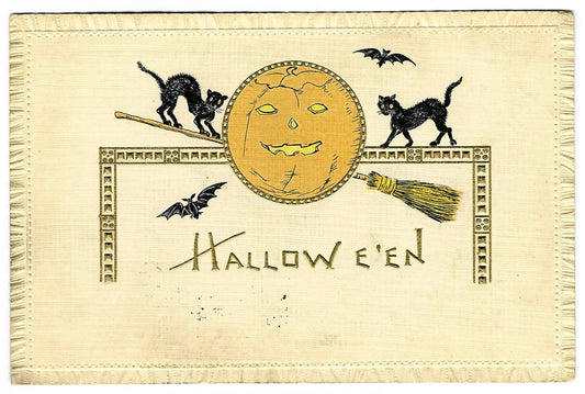 Lot 032 - Antique Hand-Embossed Hallowe'en Postcard Featuring Jack-O-Lantern, Black Cats, Bats, And Broom, H. L. Woehler, Buffalo, New York, Made In Germany, Postmarked Detroit, Michigan, 1910, Addressed To Berwyn, Illinois