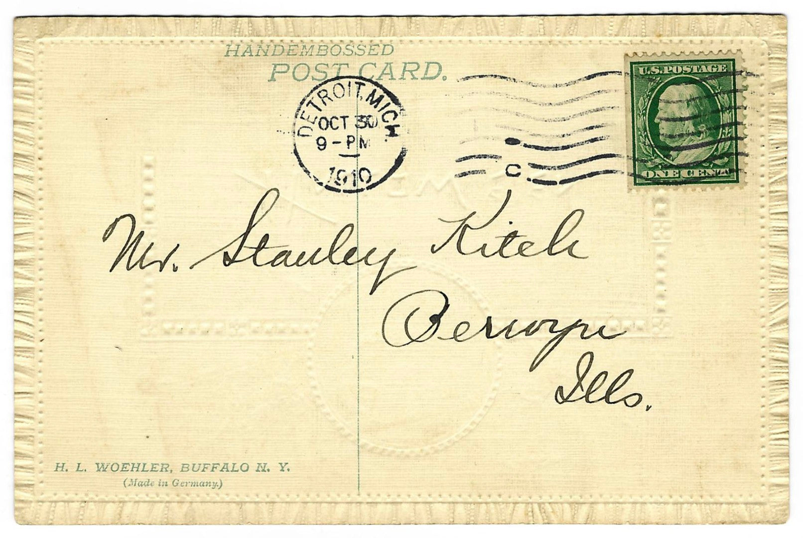 Lot 032 - Antique Hand-Embossed Hallowe'en Postcard Featuring Jack-O-Lantern, Black Cats, Bats, And Broom, H. L. Woehler, Buffalo, New York, Made In Germany, Postmarked Detroit, Michigan, 1910, Addressed To Berwyn, Illinois