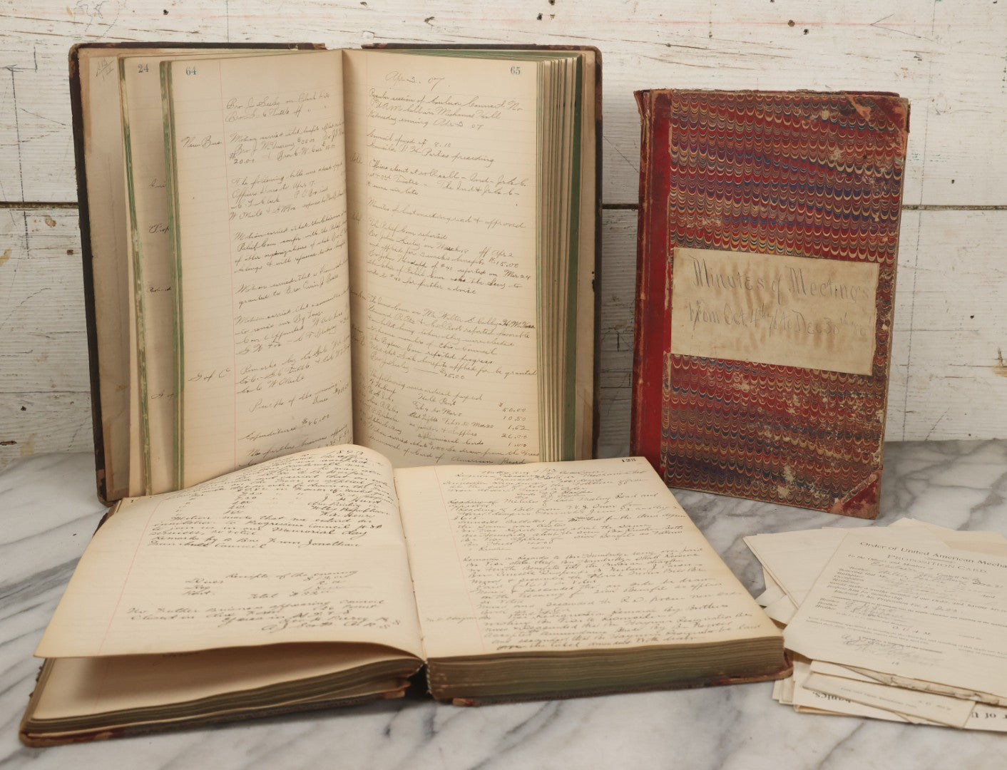 Lot 035 - Antique Grouping Of Archival Materials From The Order Of United American Mechanics O.U.A.M., Excelsior Council No. 2, Waterbury, Connecticut, Including Three Meeting Minute Books, 1876–1909, And Loose Ephemera