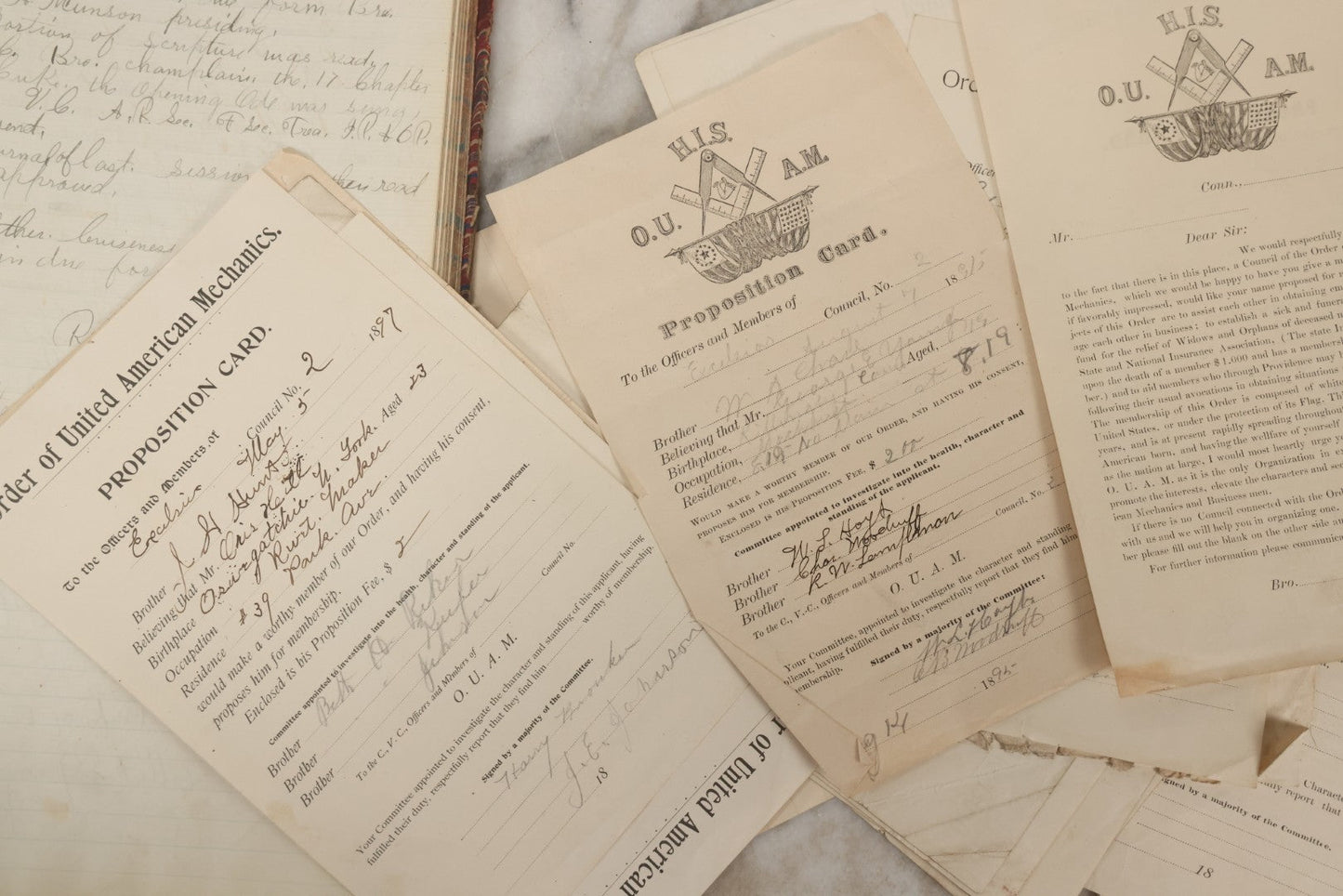 Lot 035 - Antique Grouping Of Archival Materials From The Order Of United American Mechanics O.U.A.M., Excelsior Council No. 2, Waterbury, Connecticut, Including Three Meeting Minute Books, 1876–1909, And Loose Ephemera