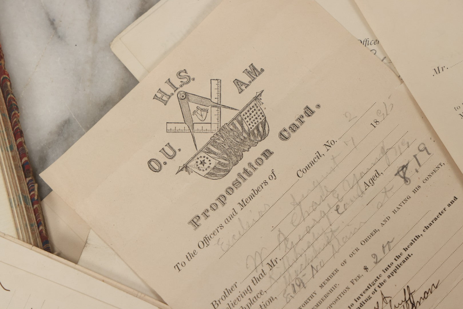 Lot 035 - Antique Grouping Of Archival Materials From The Order Of United American Mechanics O.U.A.M., Excelsior Council No. 2, Waterbury, Connecticut, Including Three Meeting Minute Books, 1876–1909, And Loose Ephemera