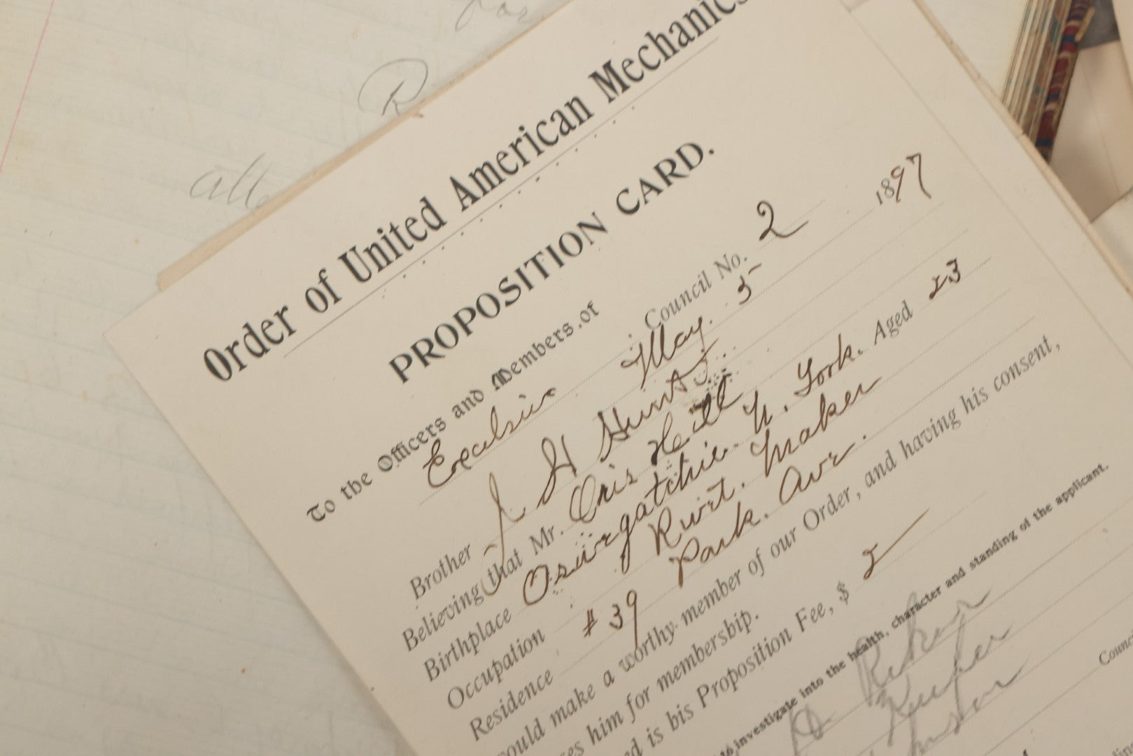 Lot 035 - Antique Grouping Of Archival Materials From The Order Of United American Mechanics O.U.A.M., Excelsior Council No. 2, Waterbury, Connecticut, Including Three Meeting Minute Books, 1876–1909, And Loose Ephemera