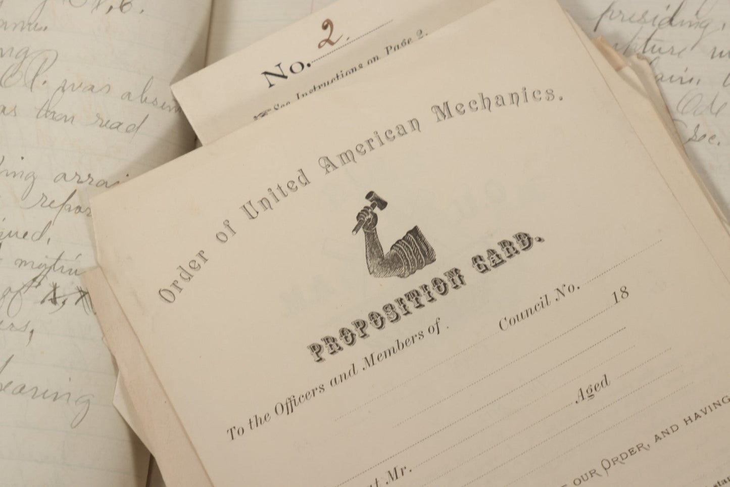Lot 035 - Antique Grouping Of Archival Materials From The Order Of United American Mechanics O.U.A.M., Excelsior Council No. 2, Waterbury, Connecticut, Including Three Meeting Minute Books, 1876–1909, And Loose Ephemera