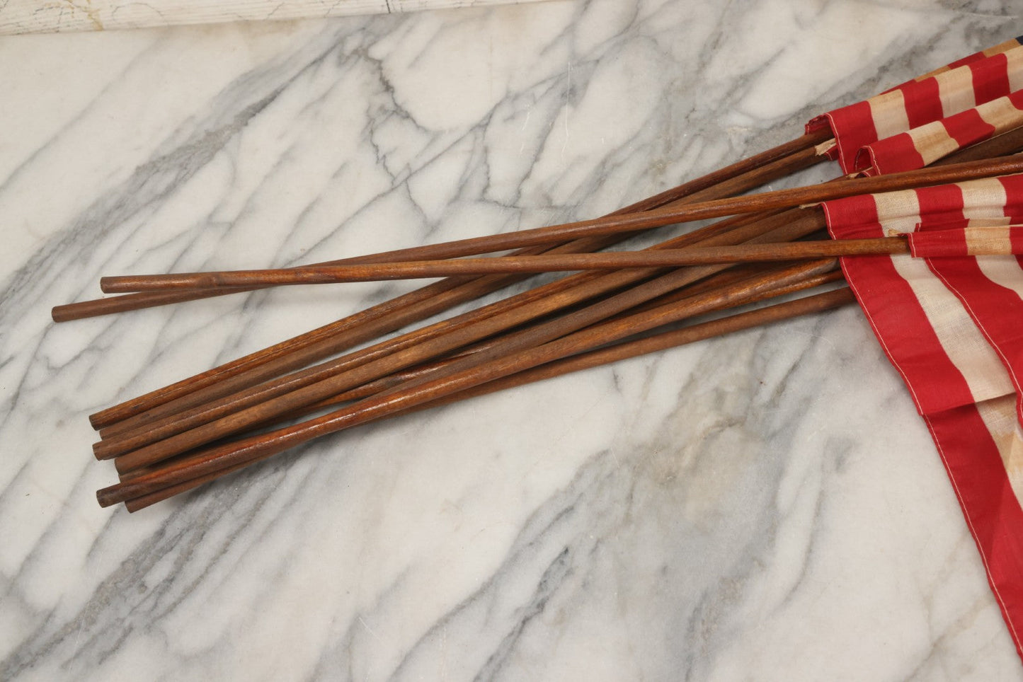 Lot 036 - Bundle Of Twelve Vintage 48-Star Hand-Held Parade Flags On Wooden Poles With Finials, Poles 32-1/2" L Each