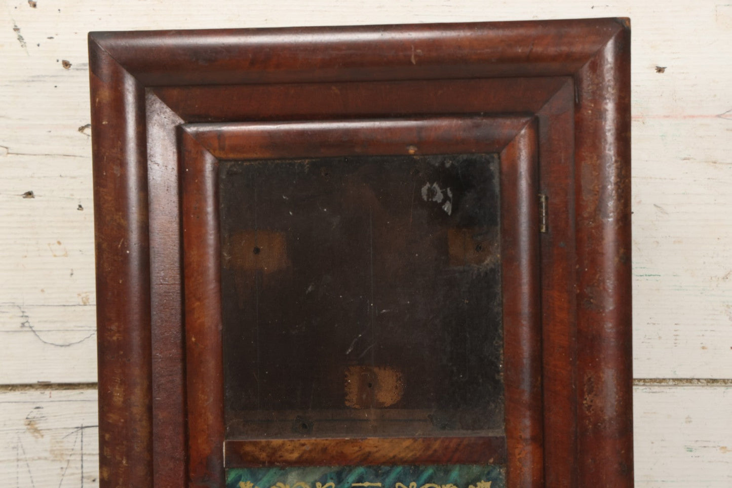 Lot 037 - Antique Wooden Clock Case With Reverse-Painted Dog Head Decoration, Seth Thomas, Thomaston, Connecticut, With Paper Label From O.J. Dodge, Watchmaker And Jeweler, Barre, Vermont, 13-3/4" x 16-1/2"