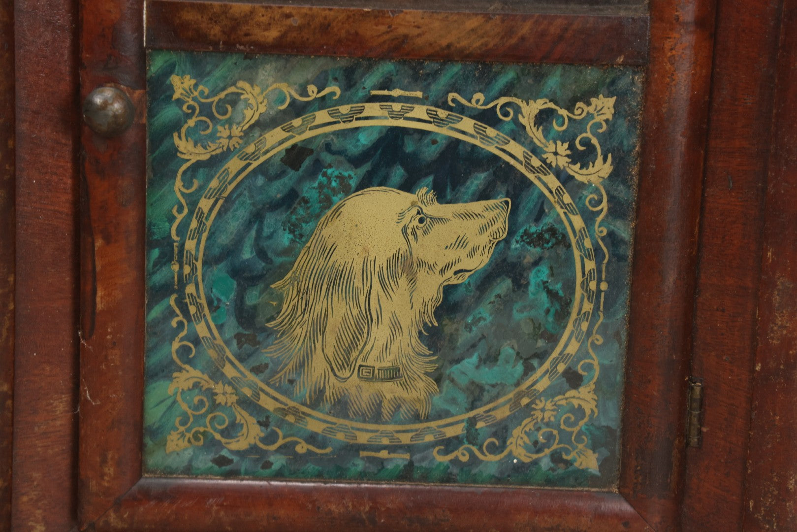 Lot 037 - Antique Wooden Clock Case With Reverse-Painted Dog Head Decoration, Seth Thomas, Thomaston, Connecticut, With Paper Label From O.J. Dodge, Watchmaker And Jeweler, Barre, Vermont, 13-3/4" x 16-1/2"