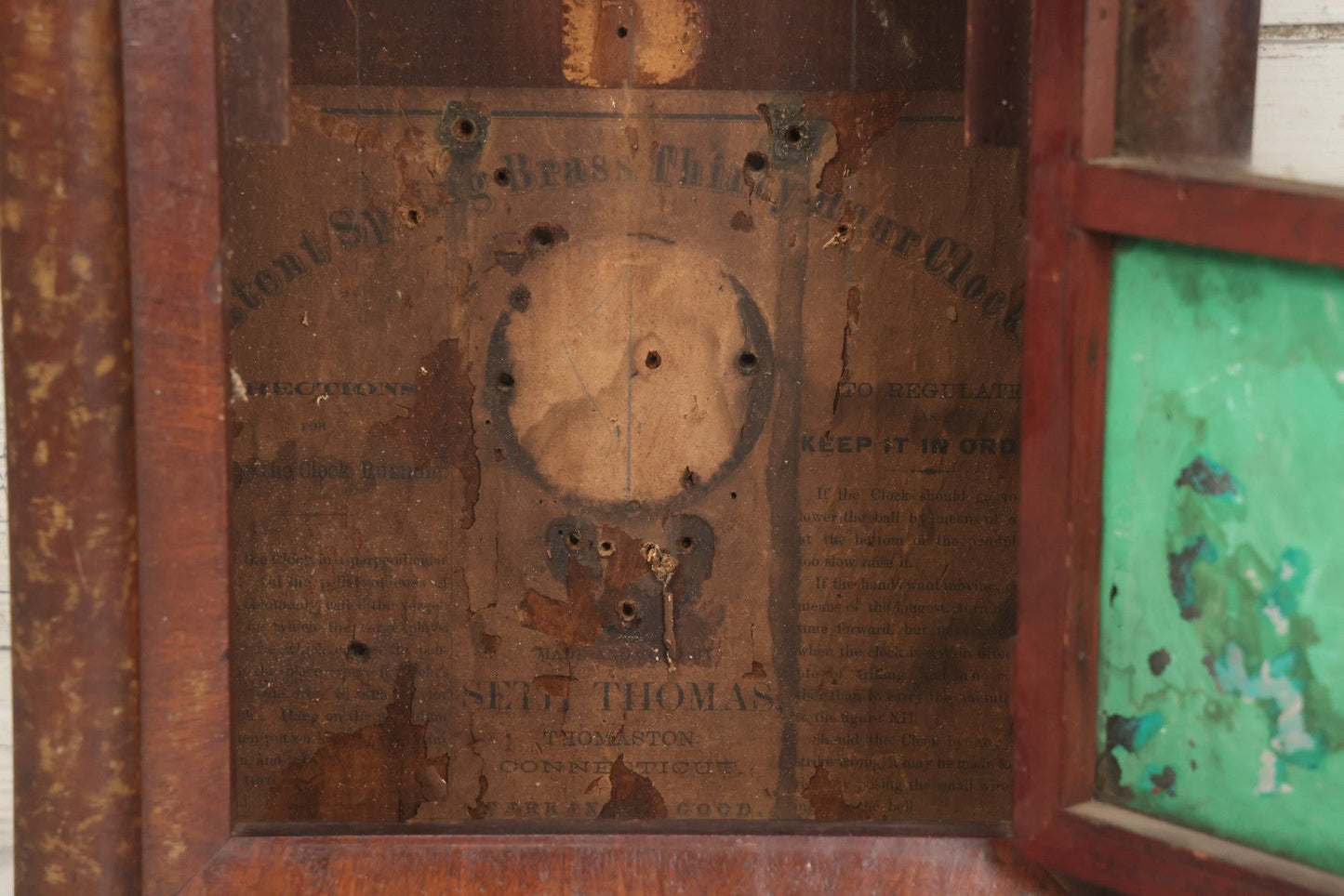 Lot 037 - Antique Wooden Clock Case With Reverse-Painted Dog Head Decoration, Seth Thomas, Thomaston, Connecticut, With Paper Label From O.J. Dodge, Watchmaker And Jeweler, Barre, Vermont, 13-3/4" x 16-1/2"