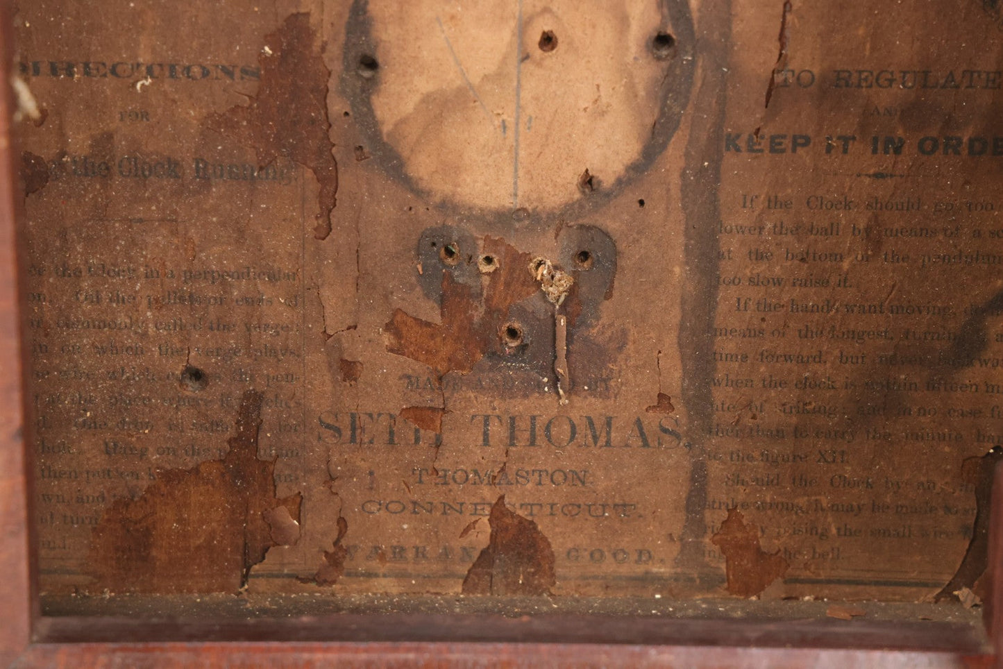 Lot 037 - Antique Wooden Clock Case With Reverse-Painted Dog Head Decoration, Seth Thomas, Thomaston, Connecticut, With Paper Label From O.J. Dodge, Watchmaker And Jeweler, Barre, Vermont, 13-3/4" x 16-1/2"