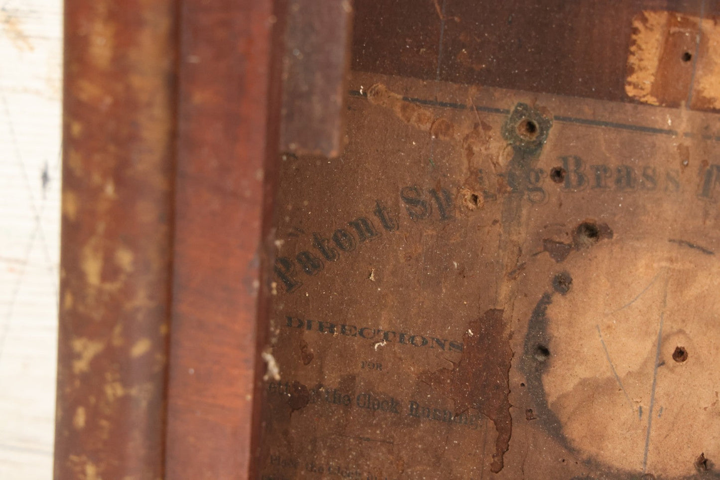 Lot 037 - Antique Wooden Clock Case With Reverse-Painted Dog Head Decoration, Seth Thomas, Thomaston, Connecticut, With Paper Label From O.J. Dodge, Watchmaker And Jeweler, Barre, Vermont, 13-3/4" x 16-1/2"